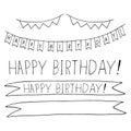 Flags, garland, ribbon and lettering happy birthday set icon. hand drawn doodle style. vector, minimalism, monochrome, sketch. Royalty Free Stock Photo