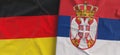 Flags of Germany and Serbia. Linen flag close-up. Flag made of canvas. German, Berlin. Serbian. State national symbols. 3d