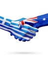 Flags Greece, Australia countries, partnership friendship handshake concept. Royalty Free Stock Photo
