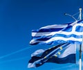 Flags of Greece and European Union on blue sky background, politics of Europe