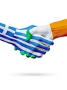 Flags Greece, Ireland countries, partnership friendship handshake concept.