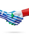 Flags Greece, Italy countries, partnership friendship handshake concept.