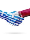 Flags Greece, Qatar countries, partnership friendship handshake concept.