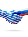 Flags Greece, Russia countries, partnership friendship handshake concept.