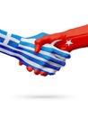 Flags Greece, Turkey countries, partnership friendship handshake concept.