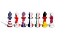 Flags of the group of seven or G7. Chess made from USA, Canada, UK, France, Italy, Germany and Japan flags on white background Royalty Free Stock Photo