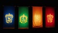 The flags of the Houses, Harry Potter exhibition, Milan Royalty Free Stock Photo