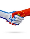 Flags Israel, China countries, partnership friendship handshake concept.