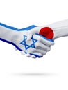 Flags Israel, Japan countries, partnership friendship handshake concept.