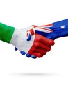 Flags Italy, Australia countries, partnership friendship handshake concept. Royalty Free Stock Photo