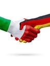 Flags Italy, Germany countries, partnership friendship handshake concept.