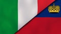 The flags of Italy and Liechtenstein. News, reportage, business background. 3d illustration