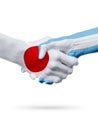 Flags Japan, Argentina countries, partnership friendship handshake concept.