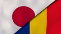 The flags of Japan and Romania. News, reportage, business background. 3d illustration