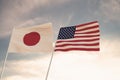 Flags Of Japan And USA Waving With Cloudy Blue Sky Background, 3D Redering United States Of America, Chinese Communist Party CCP