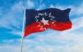 flags of Juneteenth waving in the wind on flagpoles against sky with sunset clouds on sunny day. Remember our ancestors, slavery