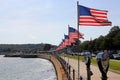 Flags-lined embankment of the Western Harbor at Stacy Blvd, Gloucester, MA, USA Royalty Free Stock Photo