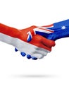 Flags Monaco, Australia countries, partnership friendship handshake concept.