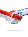 Flags Monaco, Israel countries, partnership friendship handshake concept.