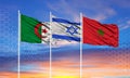 Flags of Morocco, Israel and Algeria. The problem of severing relations between Morocco and Algeria Royalty Free Stock Photo