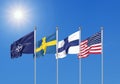 Flags of NATO - North Atlantic Treaty Organization, Finland, Sweden. - 3D illustration. Isolated on sky background