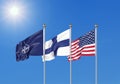 Flags of NATO - North Atlantic Treaty Organization, Finland, USA. - 3D illustration. Isolated on sky background