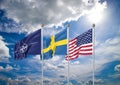 Flags of NATO - North Atlantic Treaty Organization, Sweden, USA. - 3D illustration. Isolated on sky background