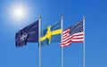 Flags of NATO - North Atlantic Treaty Organization, Sweden, USA. - 3D illustration. Isolated on sky background