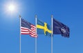 Flags of NATO - North Atlantic Treaty Organization, Sweden, USA. - 3D illustration. Isolated on sky background