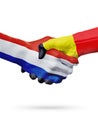 Flags Netherlands, Belgium countries, partnership friendship handshake concept.
