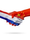 Flags Netherlands, China countries, partnership friendship handshake concept.