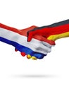 Flags Netherlands, Germany countries, partnership friendship handshake concept.