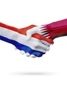 Flags Netherlands, Qatar countries, partnership friendship handshake concept.