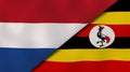 The flags of Netherlands and Uganda. News, reportage, business background. 3d illustration