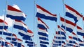 Flags of Netherlands waving in the wind against blue sky.