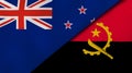 The flags of New Zealand and Angola. News, reportage, business background. 3d illustration