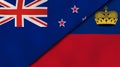 The flags of New Zealand and Liechtenstein. News, reportage, business background. 3d illustration