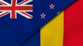 The flags of New Zealand and Romania. News, reportage, business background. 3d illustration