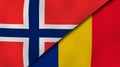 The flags of Norway and Romania. News, reportage, business background. 3d illustration