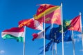 Flags on Place Rapp square, Colmar. Colmar is the third-largest commune of the Alsace region in north-eastern France, renowned for