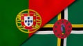 The flags of Portugal and Dominica. News, reportage, business background. 3d illustration