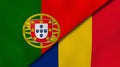 The flags of Portugal and Romania. News, reportage, business background. 3d illustration