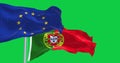 Flags of Portugal waving with European Union flag isolated on a green background