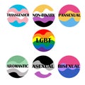 Flags of pride for sexual identity. Collection of Pride parade icons. Vector. Gender flag transgender, non-binary, pansexual, LGBT