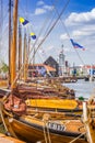 Flags and ropes on wooden sailing ships in Harderwijk