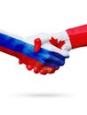 Flags Russia, Canada countries, partnership friendship handshake concept.