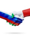 Flags Russia, Italy countries, partnership friendship handshake concept.