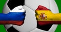 Flags of Russia and Spain painted on two clenched fists facing each other with closeup 3d soccer ball in the background/Mixed medi