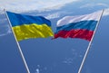 Flags of Russia and Ukraine against a dramatic cloudy sky. Escalation of the conflict. The concept of confrontation. Royalty Free Stock Photo