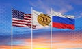 Flags of Russia and the United States and the flag of Bitcoin in the middle.